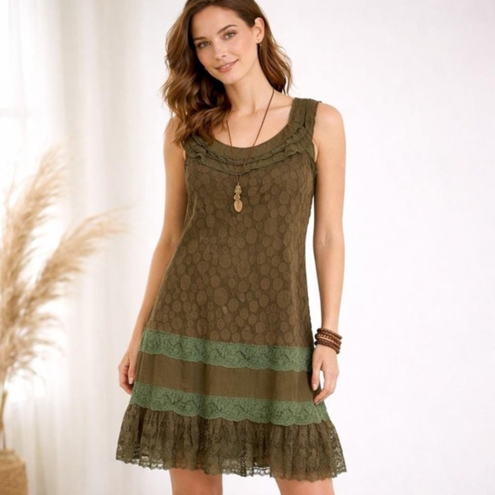 Hazelโ Boho Fairy Grunge Tiered Dress Women M Brown Lace Overlay Ruffle NWT